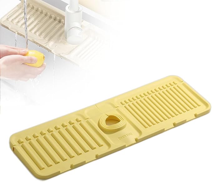 Faucet Mat for Kitchen Sink - 2024 Premium Upgrade: Enhanced Silicone Splash Guard with Rapid Drying & Dish Soap Sponge Holder, Perfect for Stone Sinks in Kitchen & Bathroom (Pale Yellow, 1 PCS)