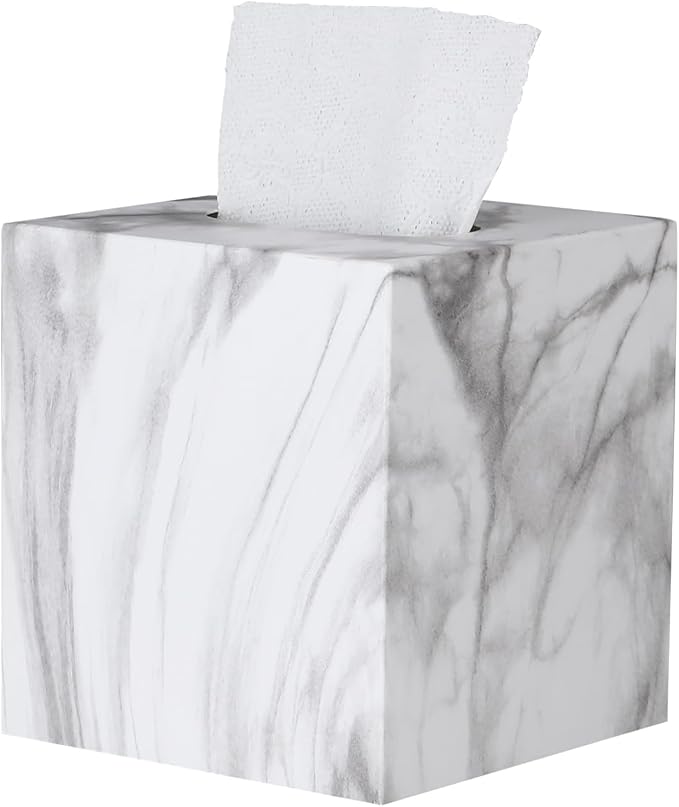Metal Square Tissue Box lid, Modern Facial Tissue Holder for Bathroom Vanity Tops, Bedroom Dressers, Nightstands, Desks, Offices (Marble White)