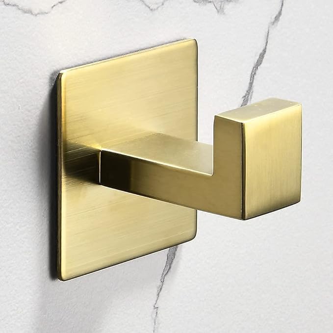 WOLIBEER Self Adhesive Towel Hook, Brushed Gold Bath Robe Hook 4 Packs No Drilling Stainless Steel Coat Hanger Sticky Wall Hook for Bathroom