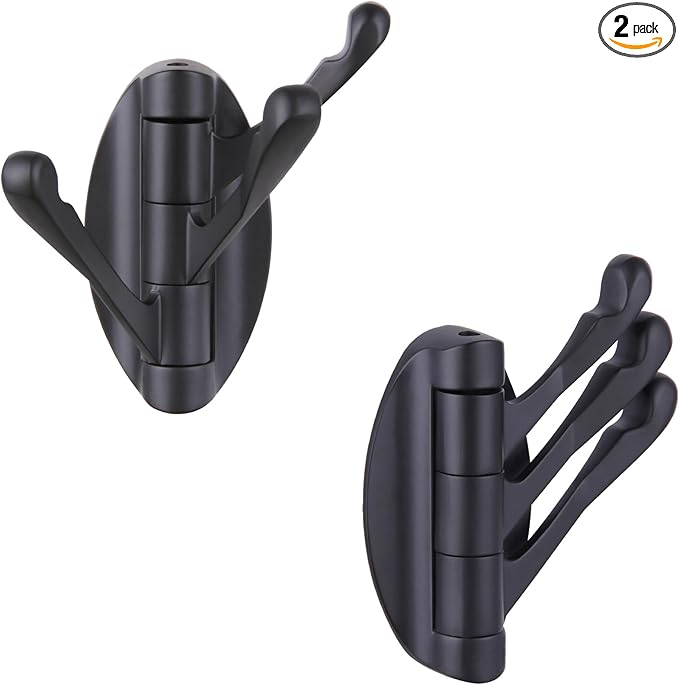 APLusee Swivel Towel Hook 2 PCS Matte Black, Metal 3 Arms Folding Robe Coat Hook, Flexible Storage Clothes Holder for Bathroom Home RV, Wall Mount