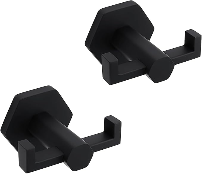 GERZWY Matte Black Coat/Robe Clothes Hook for Bath Kitchen Modern Hotel Style, Stainless Steel Bathroom Double Towel Hook Wall Mounted 2 Pack