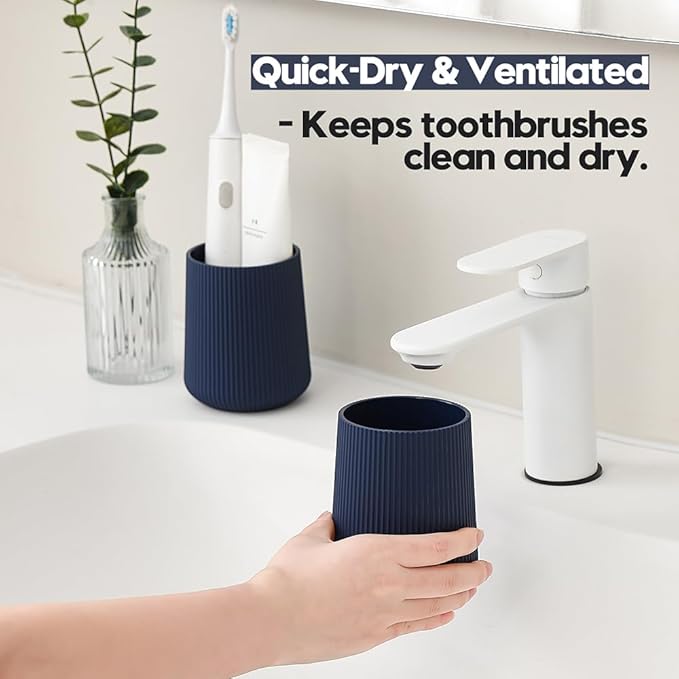 Navy Blue Striped Toothbrush Holder for Electric Toothbrushes Bathroom Organizer for Toothpaste Kids & Adults