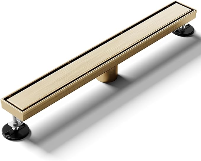 Linear Shower Drain 18 Inch Gold, Shower Drain with 2-in-1 Tile Insert Panel, Brushed AISI 304 Stainless Steel Linear Drain for Fast Drainage, Floor Drain for Bathroom, Kitchen, Garage & More