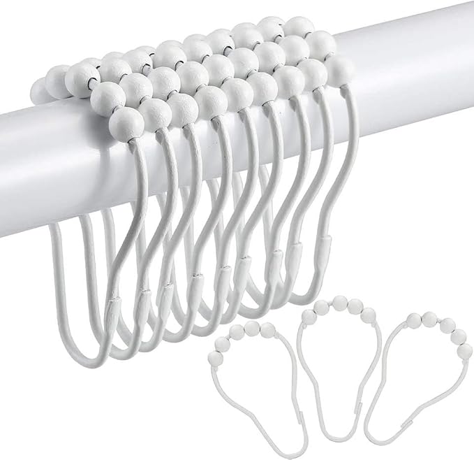 12-60pcs Rust Resistant Stainless Steel Rolling Shower Curtain Hooks/Rings/Hangers - Gold Shower Rod Hooks, Easy Sliding Shower Curtain Holders, Black Shower Curtain Rings (24, White)