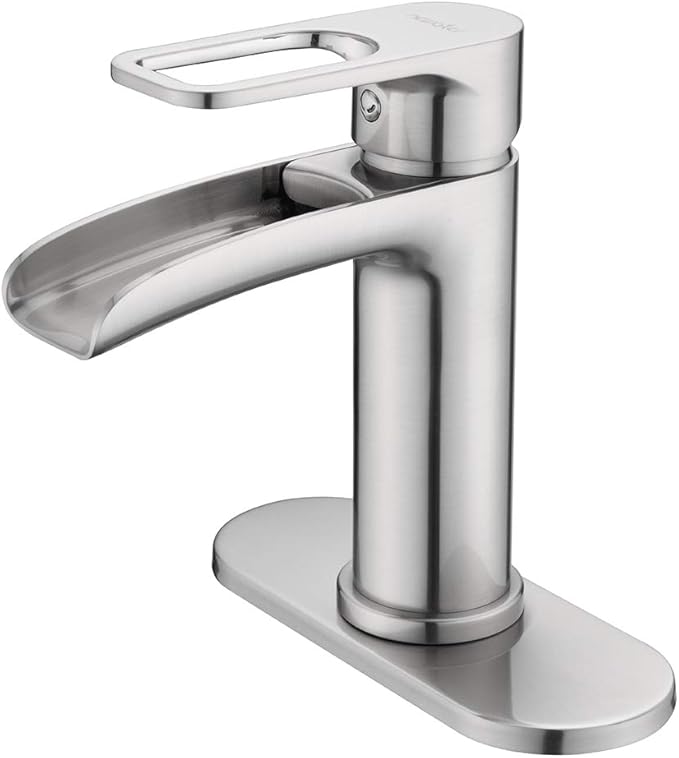 NEWATER Waterfall Spout Bathroom Sink Faucet Basin Mixer Tap Single Handle Brushed Nickel
