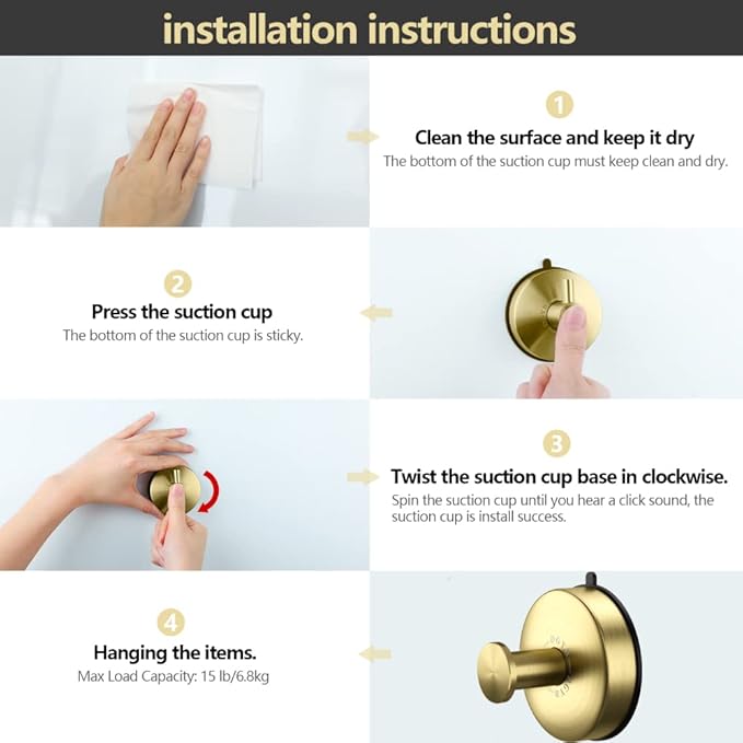 DGYB Suction Cup Hooks for Shower Set of 4 Removable Stainless Steel Towel Hook for Bathroom Glass Window Door Wall and Suction Wreath Hook for Hanging Robe, Loofah, Coat - Gold
