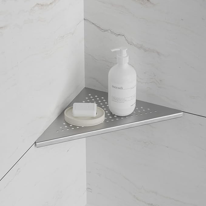 Neodrain 10 Inch Brushed Shower Shelves Corner Shelf for Tile Wall,304 Stainless Steel Corner Shower Shelves for Bathroom, Floating Corner Shelves for Shower Wall, No Drilling(Set of 2