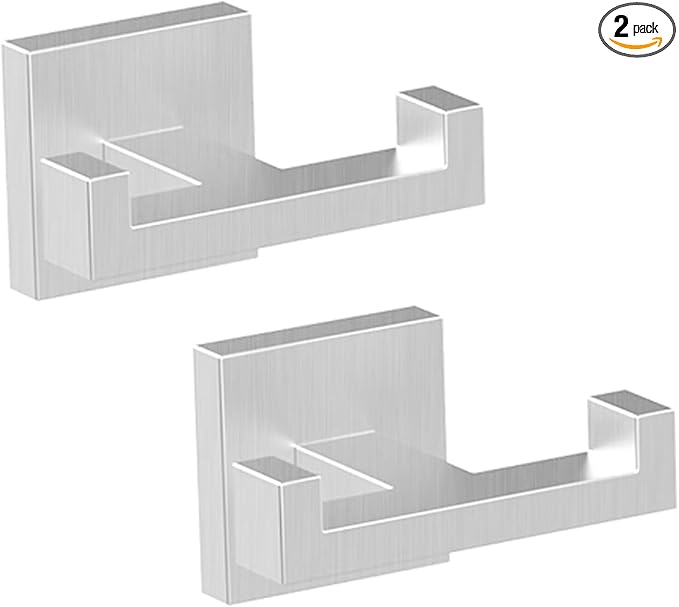 BOZWELL Double Towel Hooks for Bathroom Bushed Nickel Wall Mount，2 Pack Modern Square Style Coat Robe Hook，Stainless Steel Heavy Duty Door Hanger for Bathroom Bedroom Kitchen Hotel Pool 1502-NL-2