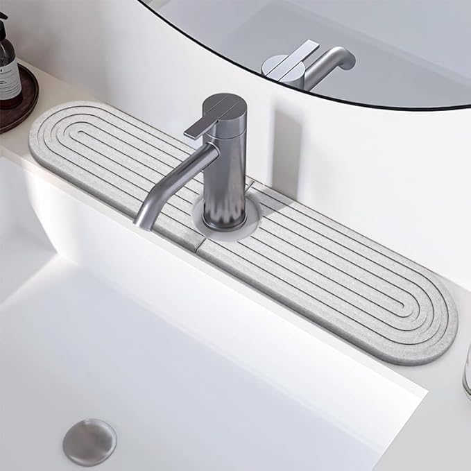 faucet mat for kitchen & bathroom stone drying mat for kitchen counter sink faucet mat splash guard behind faucet diatomite stone sink tray Sleek Curved Edge(light gray,23.6" x 4")