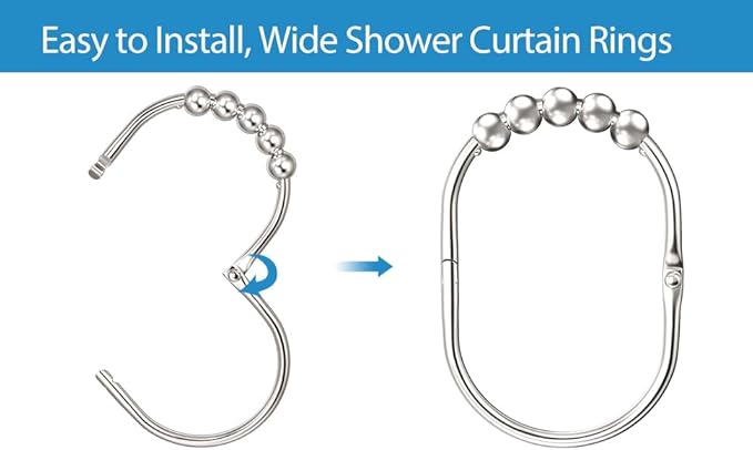 12PCS Wide Shower Curtain Hooks, Rust Proof Stainless Steel Shower Curtain Rings, Heavy Duty Shower Hooks for Bathroom Shower Rods Curtains, Easy Glide Rollers, Set of 12, Bright Chrome