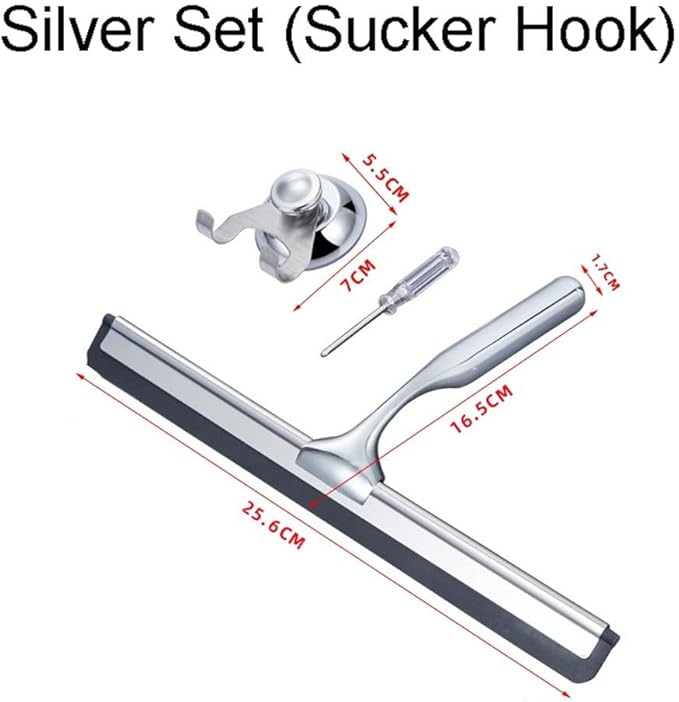 Gold T Design Aluminum Shower Squeegee with Silicone Brush for Bathroom Door Mirror Car Glass with Hook Scraper Cleaner,Silver,25.6 * 16.5cm Suction Cup Type