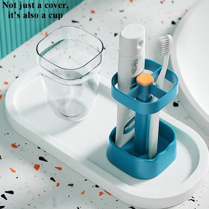 Toothbrush Holder with Cup Cover Contains 3 Slots, Compatible with Electric Toothbrushes and Conventional Toothbrushes, Can Store Toothpaste (Blue)