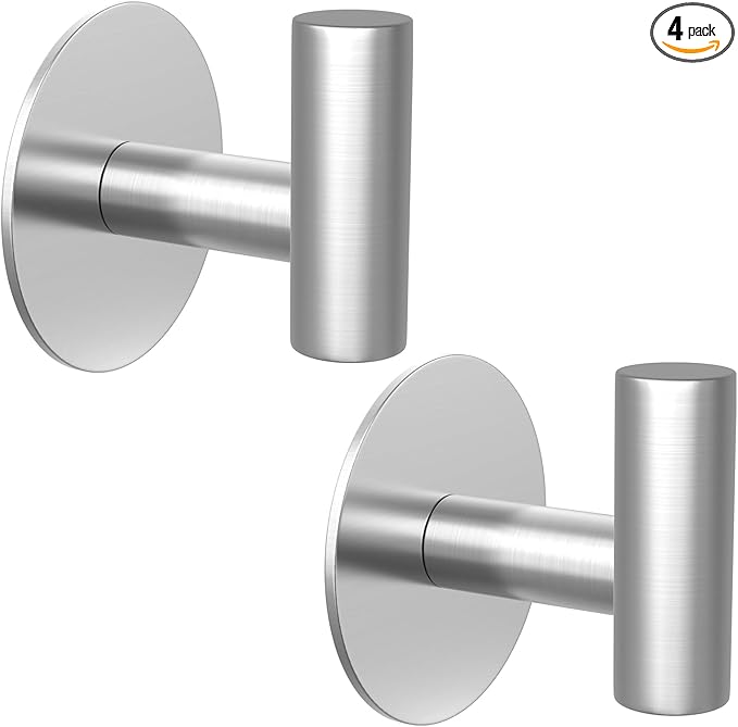 PMMASTO Adhesive Hooks, Matte Stainless Steel Sticky Hooks for Hanging, Self Adhesive Shower Wall Hooks, Towel Hooks Heavy Duty for Bathroom, Bedroom RV and Kitchen (Silver “T ”Shape 2PC-R)