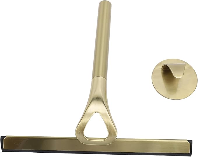 Shower Squeegee for Glass Doors, Stainless Steel and Silicone Shower Squeegee with Hook for Bathroom Mirrors and Window (Gold)