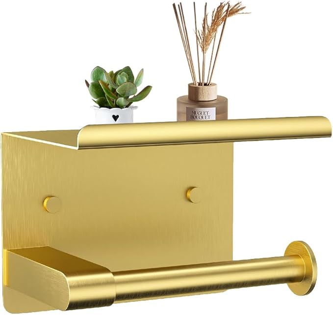 Adhesive Toilet Paper Holder with Phone Shelf Paper Tissue Holder Storage Stainless Steel Wall Mounted Toilet Roll Holder Dispenser,Paper Holder with Shelf Bathroom Organizer Gold