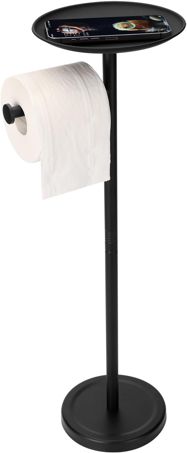 Tofix Freestanding Toilet Paper Holder with Shelf and Tray, Stainless Steel Base, Black