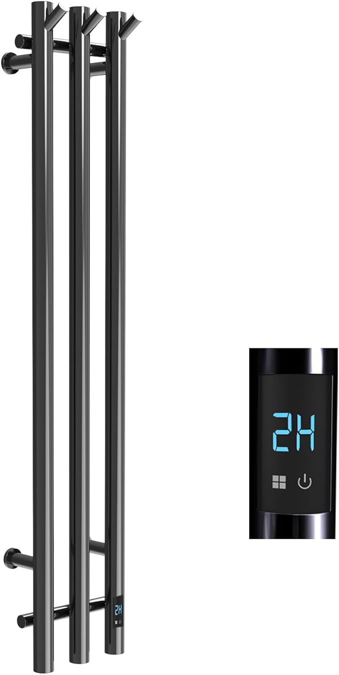 Electric Heated Towel Rack with Timer, Wall-Mounted Towel Warmer, 3 Vertical Bars, Silver, Plug-in or Hardwired, 37.4 Inch Height, Round Design (Black)