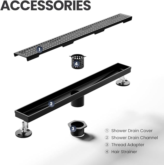 Linear Shower Drain 12 Inch Black, Brushed AISI 304 Stainless Steel Shower Drain with Square Hole Panel, for Bathroom, Kitchen, Garage & More