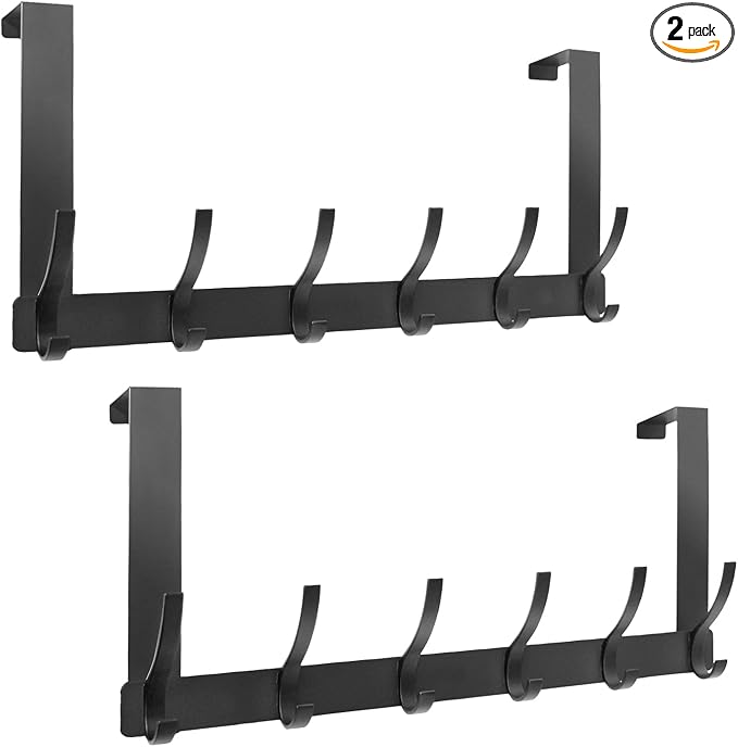 2 Pack Over The Door Hook，Door Hanger for Hanging，Over Door Hanger Holder for Coat Robe Hat Clothe Towels，Towel Racks for Bathroom with 12 Coat Hooks (Black, 2 Pack-6 Hooks)