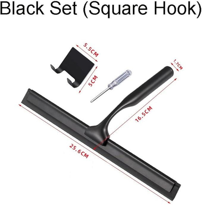 Gold T Design Aluminum Shower Squeegee with Silicone Brush for Bathroom Door Mirror Car Glass with Hook Scraper Cleaner,Black,25.6 * 16.5cm Hook Type