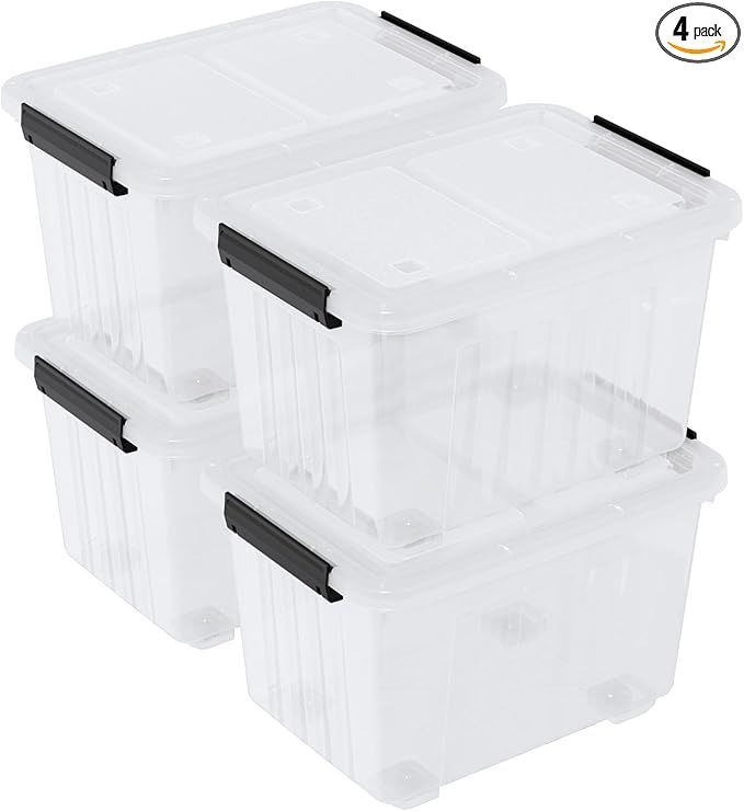 4 Packs 50 L Plastic Latching Box with Wheels, Holiday Wreath Storage Container Box with Lid, for Office and Home Organization