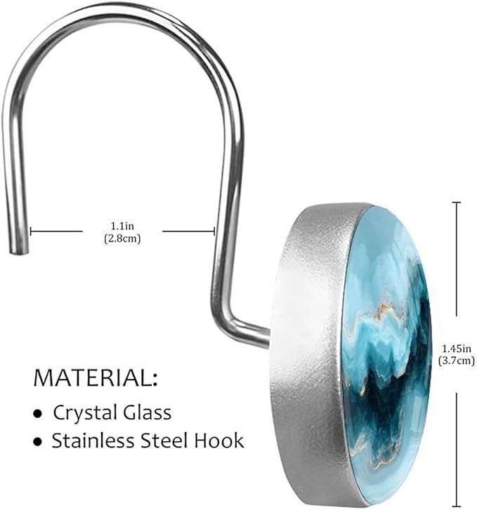 Grey-Blue Marble Decorative Shower Curtain Hooks,12 Pcs Rust Proof Glass Surface Stainless Steel Curtain Rings for Bathroom Bedroom Living Room Shower Rods Decor