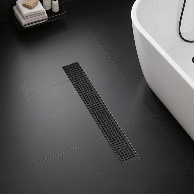 Linear Shower Drain 12 Inch Black, Brushed AISI 304 Stainless Steel Shower Drain with Square Hole Panel, for Bathroom, Kitchen, Garage & More