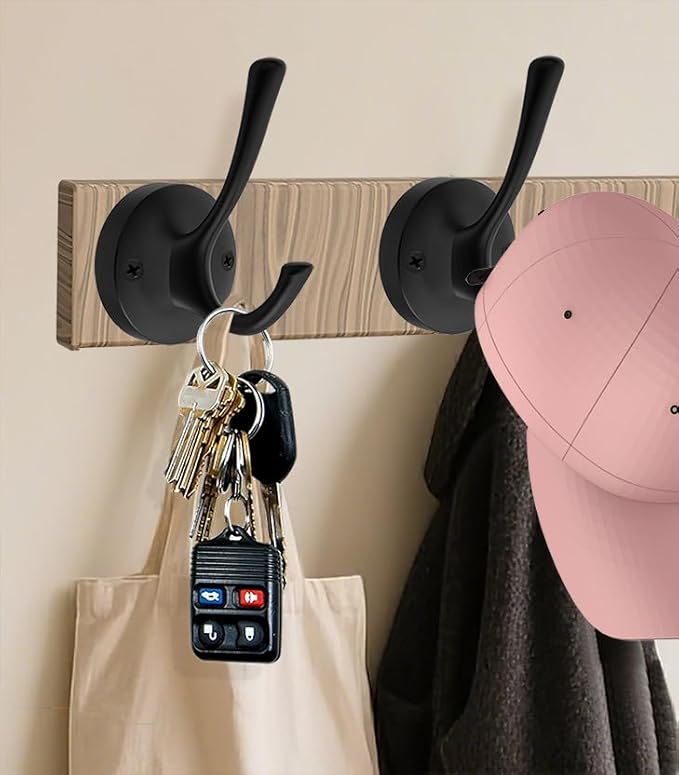 Black Towel Hooks, 2 Pack Coat Robe Hook Heavy Duty Metal Double Bathrobe Hook Wall Mounted, Hand Towels Hooks for Cubicle Bathroom Kitchen Closet Garage