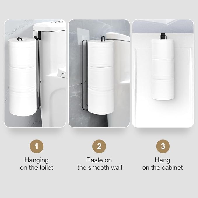 Black Bathroom Toilet Paper Roll Holder for 3 Rolls Tissue, Brushed Nickel, Over The Tank, Self-Adhesive Wall Mount, Stainless Steel (2Pcs)