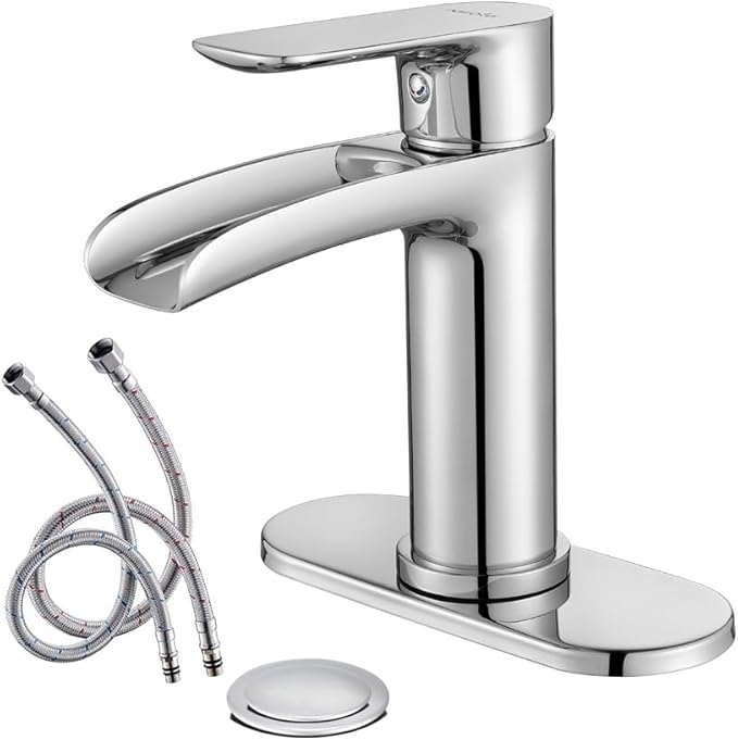 NEWATER Waterfall Spout Bathroom Sink Faucet Basin Mixer Tap Polished Chrome Single Handle with Pop-Up Drain & Supply Hoses