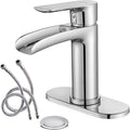 NEWATER Waterfall Spout Bathroom Sink Faucet Basin Mixer Tap Polished Chrome Single Handle with Pop-Up Drain & Supply Hoses