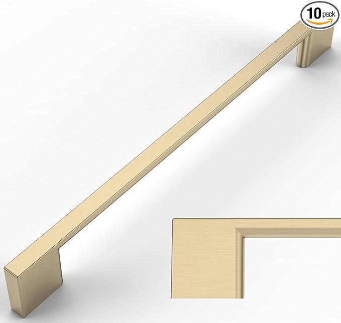 Amerdeco 10 Pack Brushed Brass Cabinet Pulls 10 Inch(256MM) Hole Centers Kitchen Cabinet Handles Cabinet Hardware Kitchen Handles for Cabinets Cupboard ZH0060