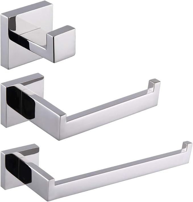 GERZWY Contemporary Stainless Steel Wall Mounted 3-Piece Bathroom Hardware Set - Towel Ring Toilet Paper Holder Towel Hooks, Polished Finish FG16567-3JG