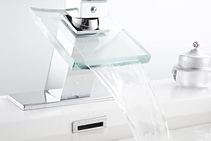 Waterfall Bathroom Faucet Glass Spout Modern Design One Handle Single Hole Basin Vanity Bathroom Sink Faucet Chrome Solid Brass Lavatory Bath Tap Commercial