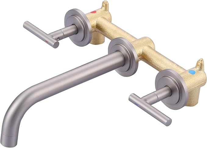 WOWOW Wall Mount Bathroom Faucet, Brushed Nickel, Modern Style, 3 Hole, Dual Lever Handles, Drip Proof, Stainless Steel, Chrome Finish
