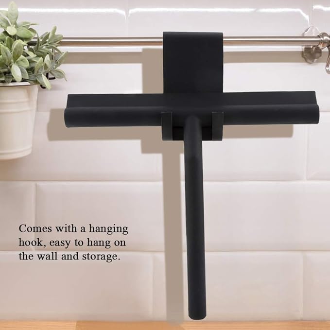 Window Shower Squeegee Scraper Scrubber Rubber Blade with Holder for Mirror Bathroom Kitchen Car Doors Glass Black