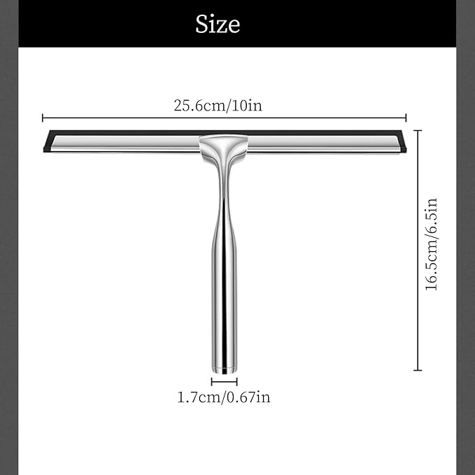 Stainless Steel Shower Squeegee with an Adhesive Hook, 10 Inch Bathroom Glass Door Cleaner, Multi-Purpose Window, Mirror, Tile, and Car Cleaning Tool – Silver