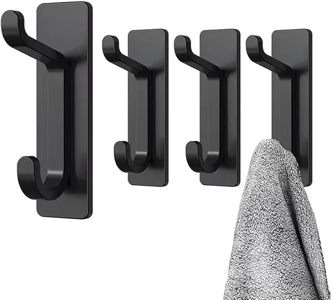 Quik D Heavy Duty Adhesive Wall Hooks for Hanging (4 Pack) — Waterproof & Rustproof Double Hooks, No Drilling Stick On Hooks for Bathroom, Kitchen, Door, Coat, Towel, Keys & Robes (4)