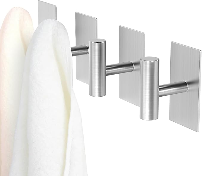 PMMASTO Adhesive Hooks, Stainless Steel Sticky Hooks for Hanging, Self Adhesive Shower Wall Hooks, Towel Hooks Heavy Duty for Bathroom, Bedroom RV and Kitchen- 2 PC (Silver)