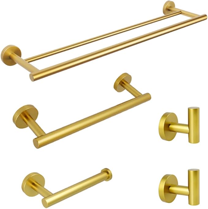 Gold 5-Pieces Bathroom Hardware Set Wall Mounted - Includes 24" Double Towel Bar, 12" Hand Towel Bar, Toilet Paper Holder, 2X Robe Towel Hooks