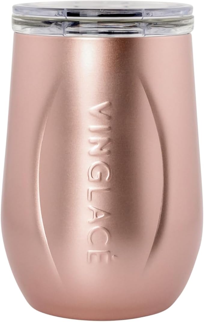 Vinglacé Stainless Steel Stemless Wine Glass- Insulated Wine Tumbler with Glass Insert and Sip Lid, 10 oz, Rose Gold