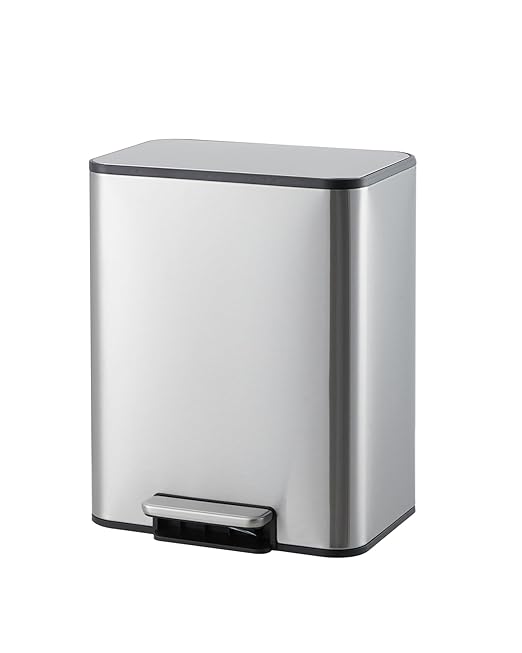 Garvee Space-Saving Bathroom Trash Can, 3.4 Gallon Small Trash Can with Soft-Close Lid, Foot Pedal & Removable Inner Bucket, Rectangular Stainless Steel Garbage Can for Home, Office, Silver