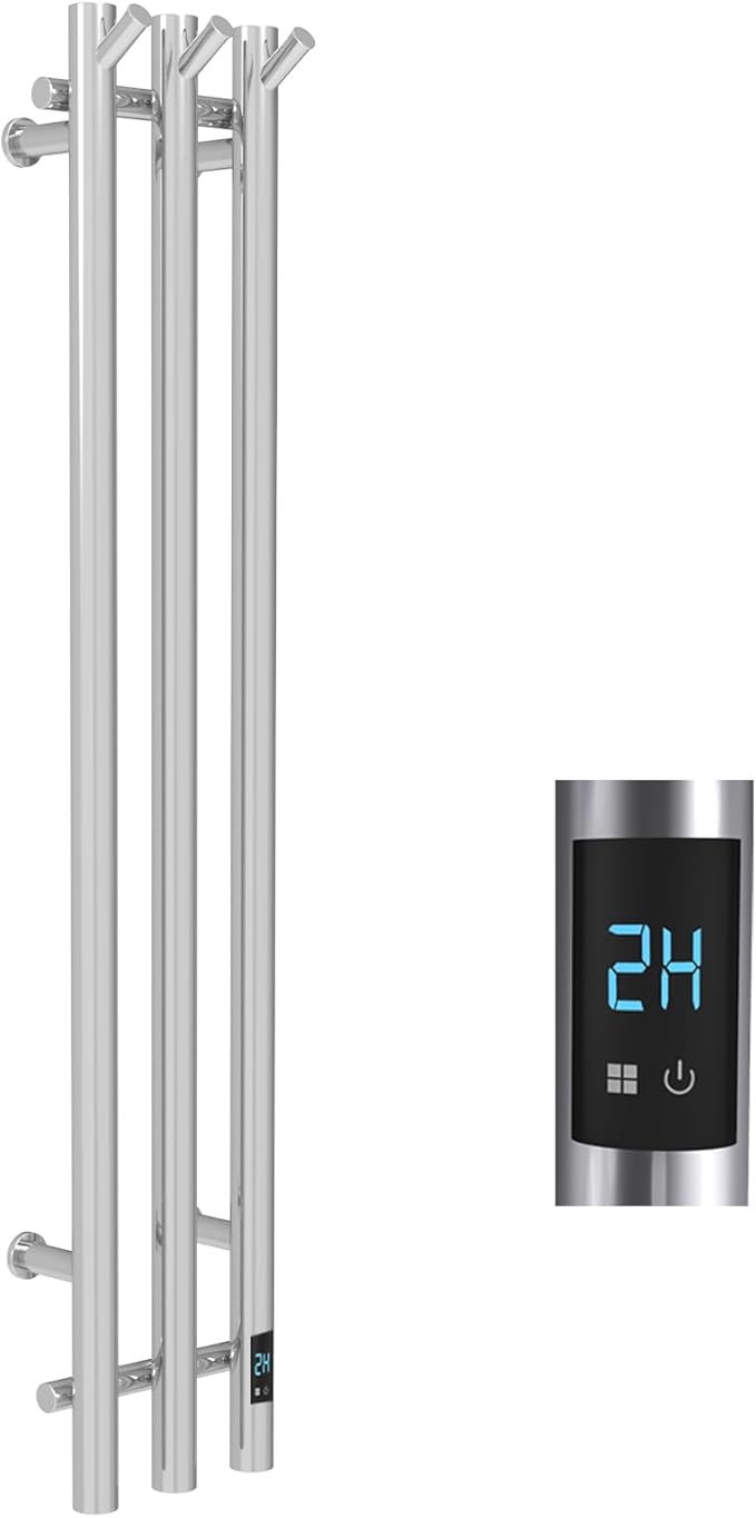 Electric Heated Towel Rack with Timer, Wall-Mounted Towel Warmer, 3 Vertical Bars, Silver, Plug-in or Hardwired, 38 Inch Height, Round Design (Polish)