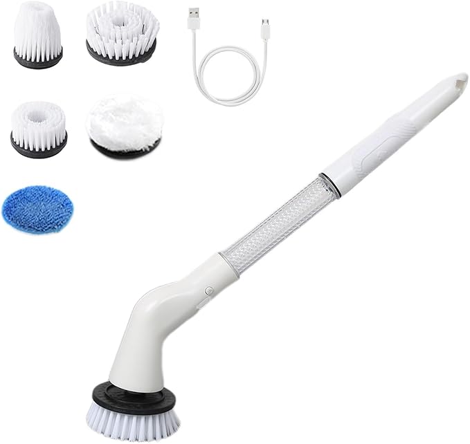 Generic Electric 𝑠𝑝𝑖𝑛 Cleaning Brush, Rechargeable Cleaning Brushes with 5 Replaceable Brush Heads, Adjustable Handle Electric Cleaning Brush, for Bathroom Bathtub and Tile Floors, White