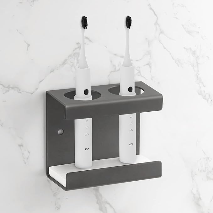 Electric Toothbrush Holder Wall Mounted, Toothbrush Stand with Diatomite Dish, Self Adhesive Storage Rack for Bathroom (Grey)