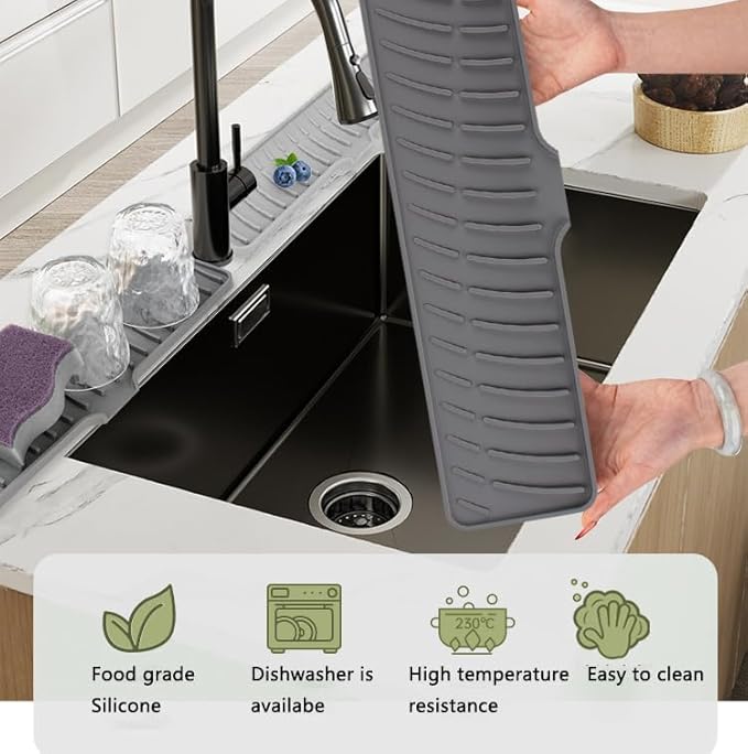 Silicone Dish Drying Mat for Kitchen Bathroom Faucet Pad Sink Splash Guard Drain Mat Coffee Maker or Sink Heat-resistant Dish Drainer Mat Non-Slip Cushion 16.54x3.94in Gray