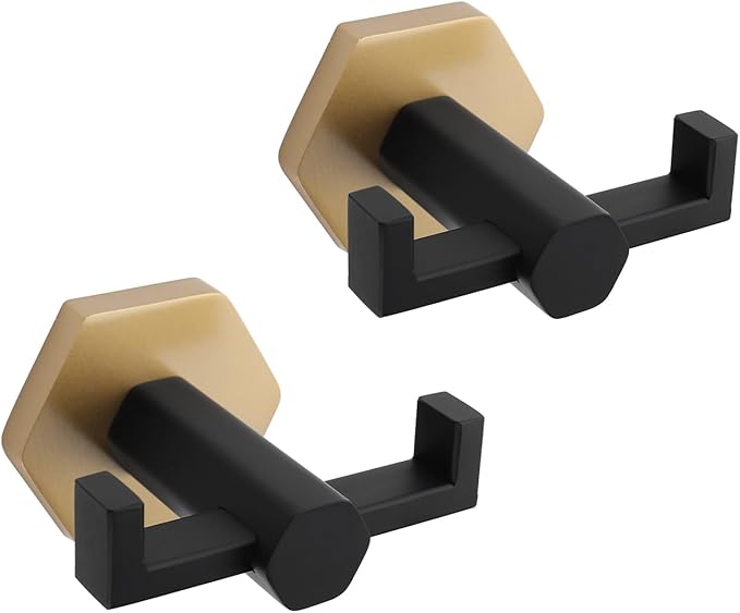 GERZWY Stainless Steel Coat/Robe Clothes Hook for Bath Kitchen, Bathroom Double Towel Hook Wall Mounted 2 Pack (Black & Gold)