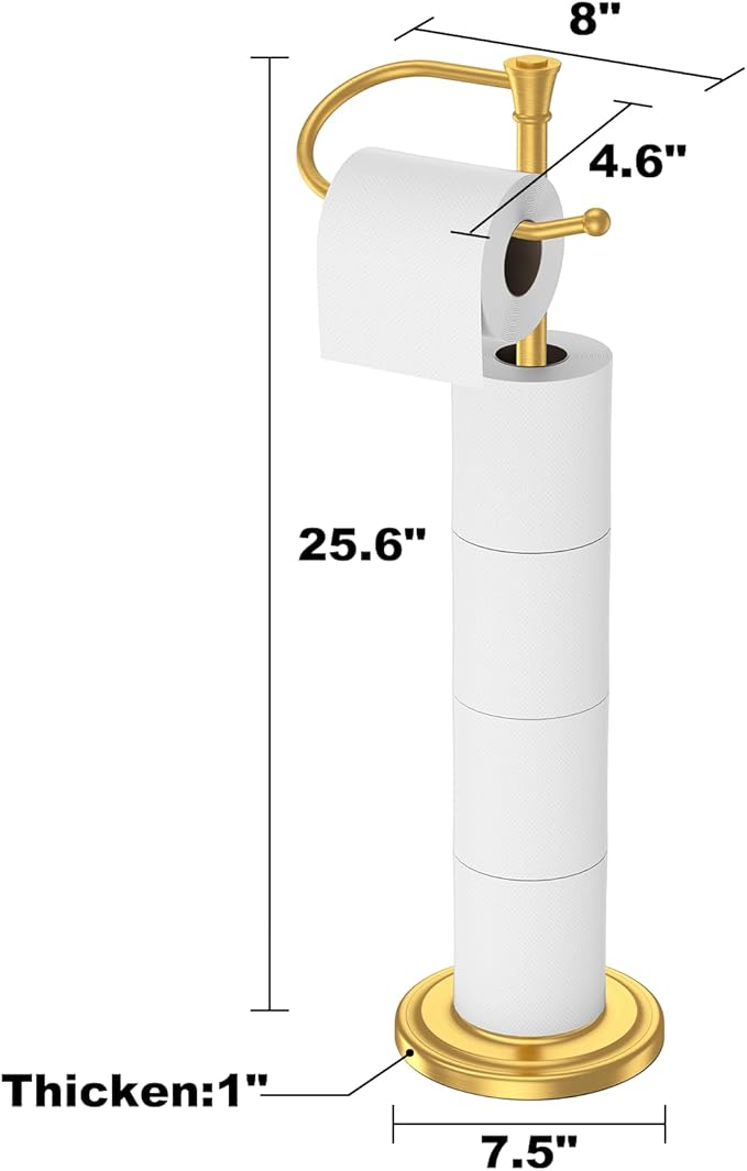 Toilet Paper Holder Free Standing, 25” H Stainless Steel Brass Gold Toilet Paper Stand, Weighted Base Floor Tissue Roll Holder for Bathroom,Toilet Roll Stand