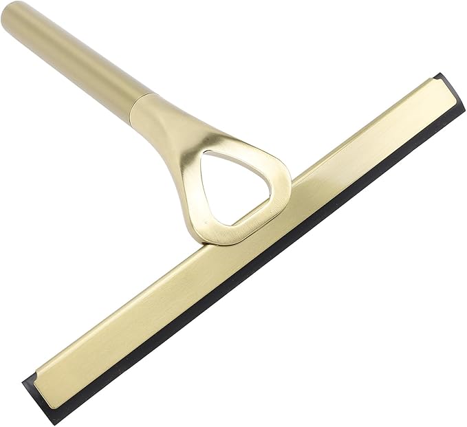304 Stainless Steel Silicon Shower Squeegee Scrubber, Multifuntional Bathroom Cleaner Wiper for Shower Glass Door with Adhesive Hook, Mirrors, Bathrooms,Kitchens (Gold)