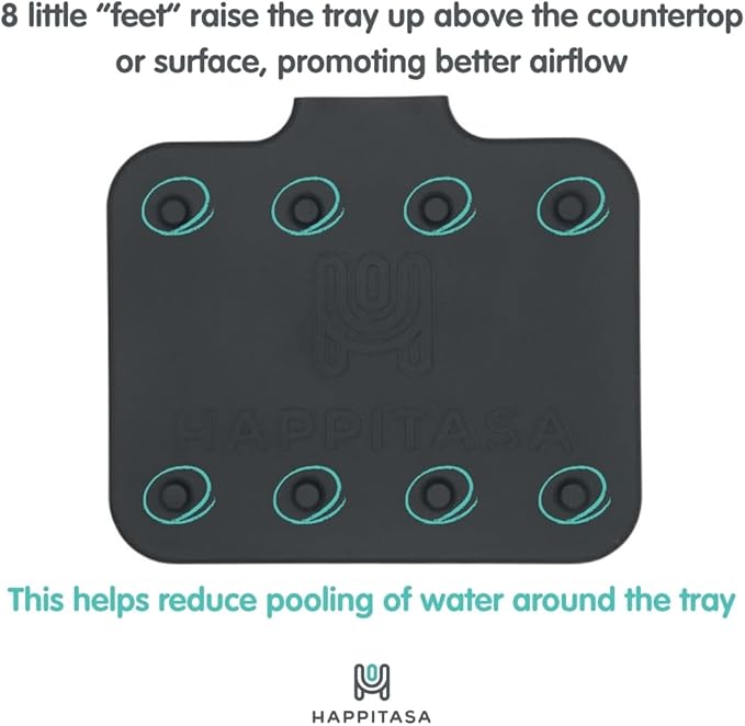 Happitasa Silicone Soap Dish Tray and Sponge Holder with Drain Chute and Feet | 3-Way Sloped Design | Bathroom and Kitchen Sink Organizer Caddy (Black, 5"x4")